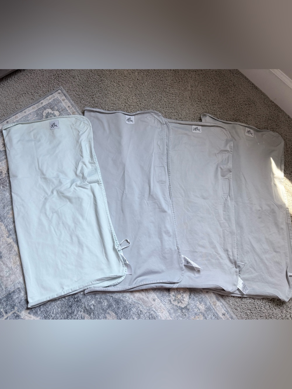 The Ollie Swaddle Set of 4 Gray Blue Baby Swaddles + Garment Washing Bag
